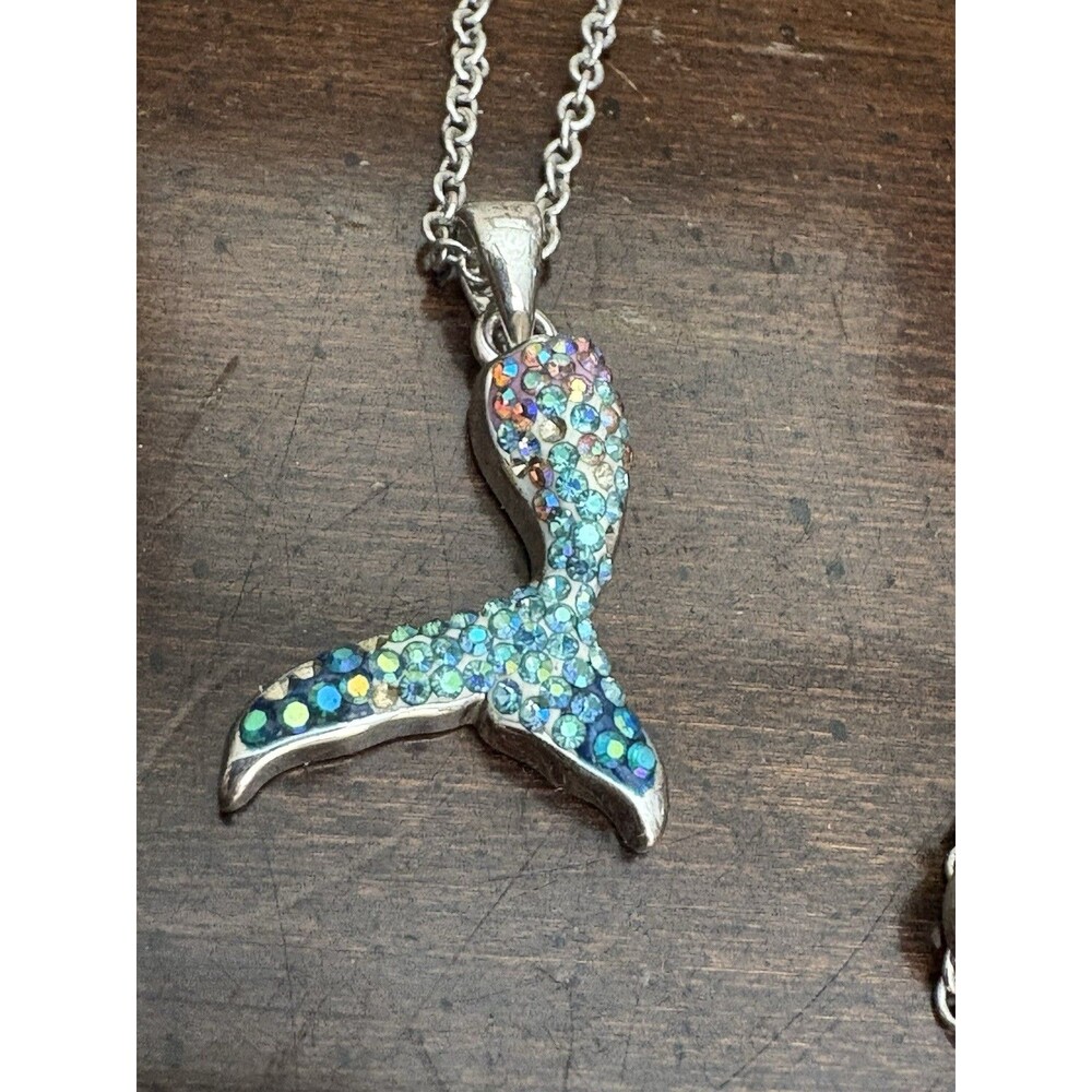 Mermaid Tail Necklace Pink Green Blue Shiny Silver Plated Rhinestones Fish Tail